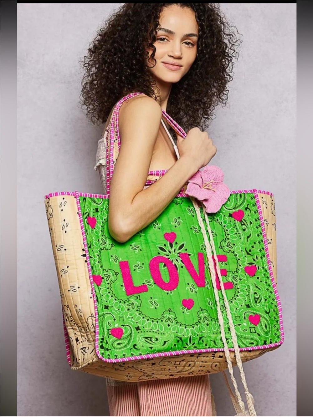 New: POL LOVE Embroidered Large Paisley Green Tote Bag With Pink Accents•16’x20’